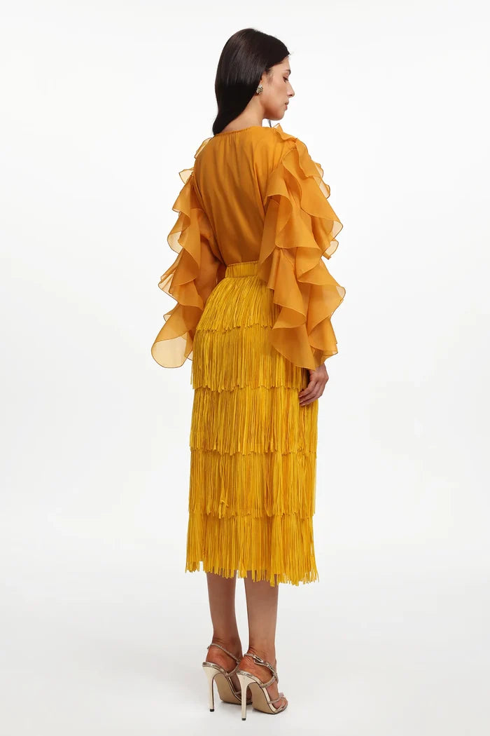 Kenzie Golden Ruffle Blouse & Fringe Maxi Skirt Set