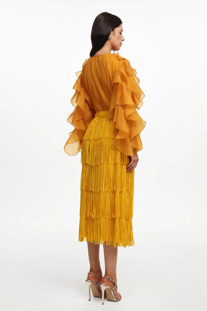 Kenzie Golden Ruffle Blouse & Fringe Maxi Skirt Set