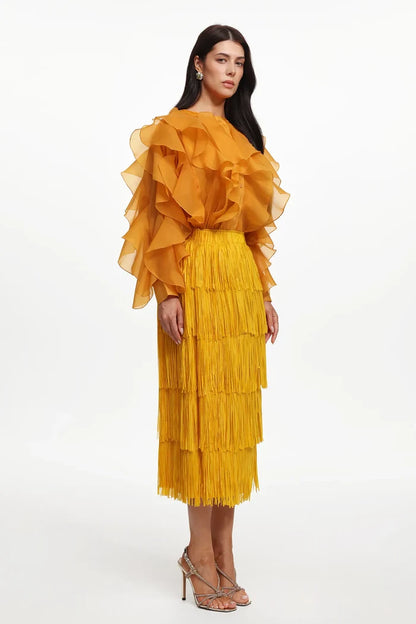 Kenzie Golden Ruffle Blouse & Fringe Maxi Skirt Set