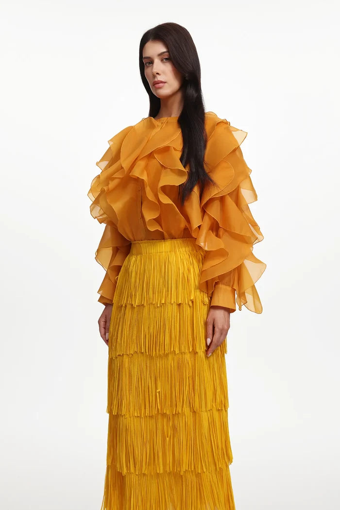 Kenzie Golden Ruffle Blouse & Fringe Maxi Skirt Set