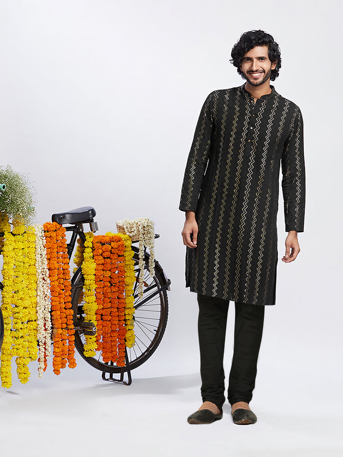 Kisah Men's Black Kurta Churidar Set