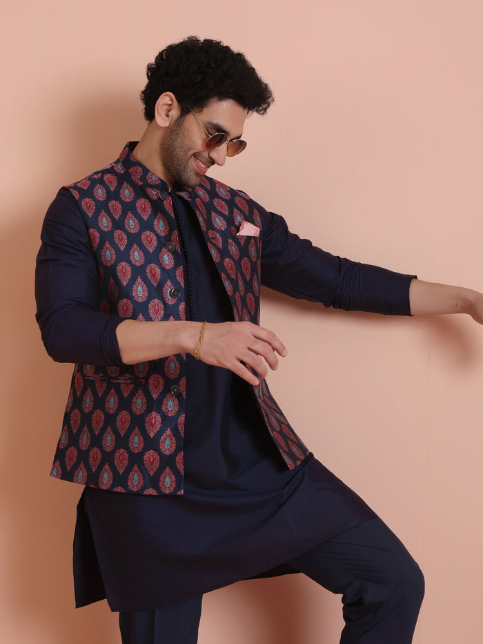 Kisah Men's Blue Woven Design Nehru Jacket