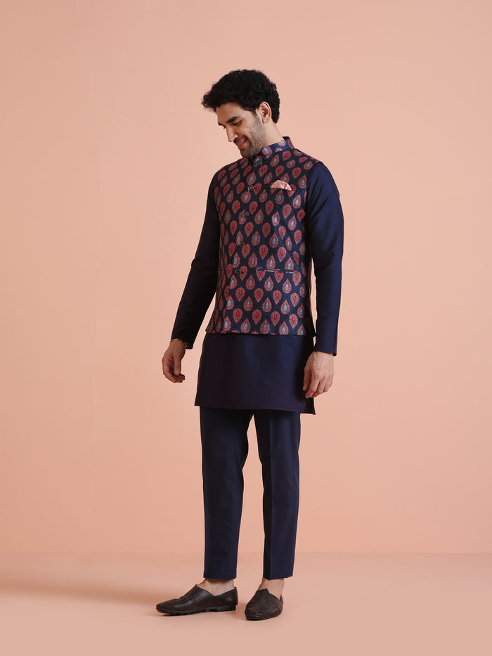 Kisah Men's Blue Woven Design Nehru Jacket