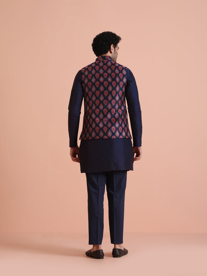 Kisah Men's Blue Woven Design Nehru Jacket