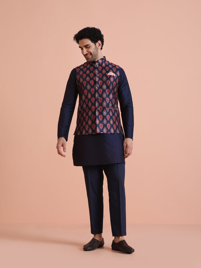 Kisah Men's Blue Woven Design Nehru Jacket