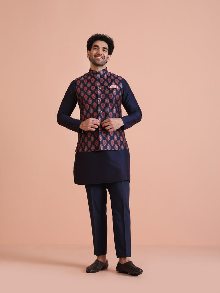 Kisah Men's Blue Woven Design Nehru Jacket