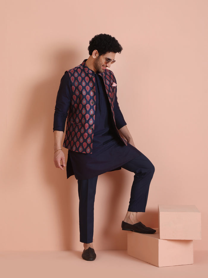 Kisah Men's Blue Woven Design Nehru Jacket