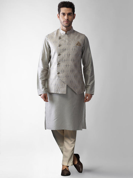 Kisah Men's Grey Kurta Jacket Trousers Set