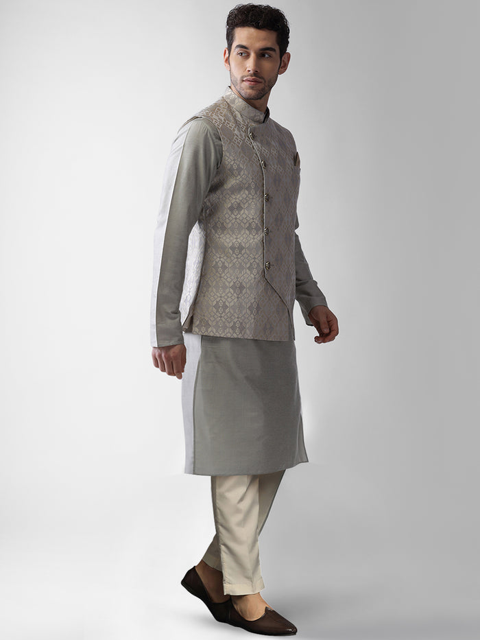 Kisah Men's Grey Kurta Jacket Trousers Set
