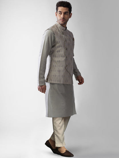 Kisah Men's Grey Kurta Jacket Trousers Set