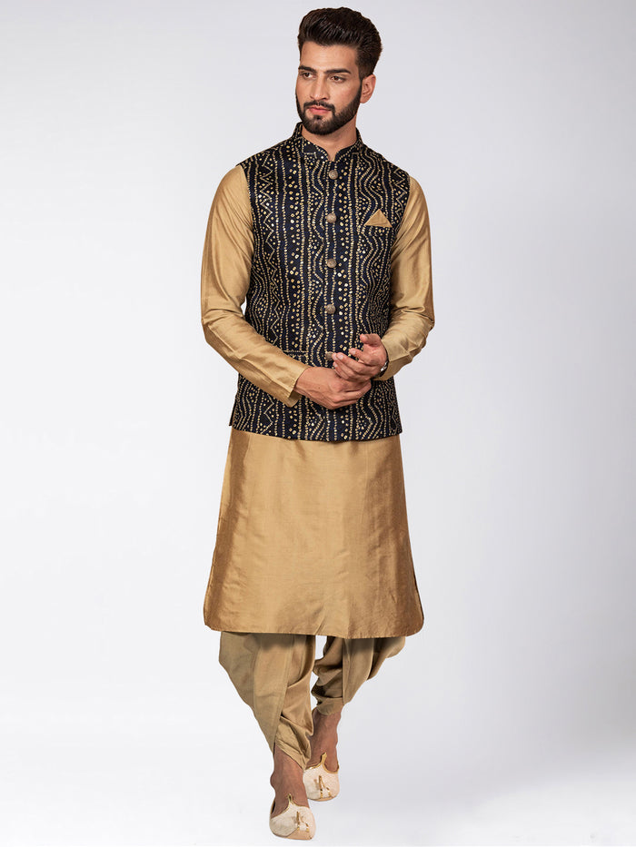 Kisah Men's Navy Blue Kurta Jacket Dhoti Set