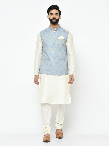 Kisah Plus Men's Blue Kurta Jacket Churidar Set