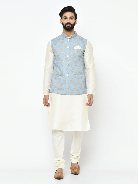 Kisah Plus Men's Blue Kurta Jacket Churidar Set