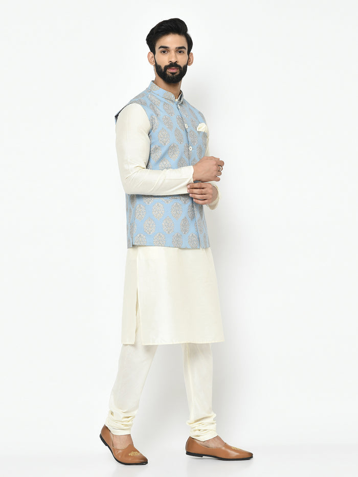Kisah Plus Men's Blue Kurta Jacket Churidar Set