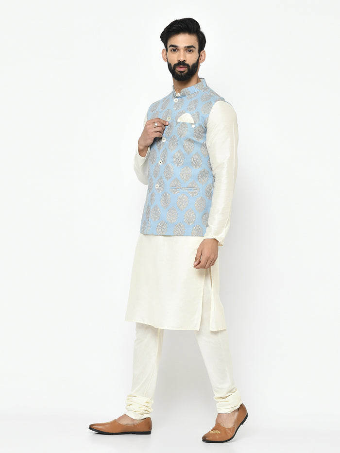 Kisah Plus Men's Blue Kurta Jacket Churidar Set