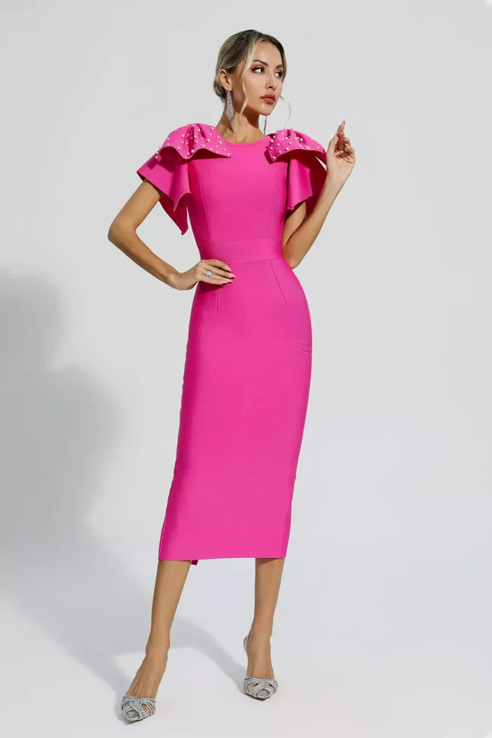 Lavinia Fuchsia Pearl Cape Sleeve Midi Dress