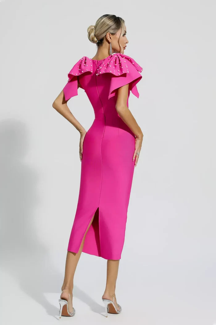 Lavinia Fuchsia Pearl Cape Sleeve Midi Dress