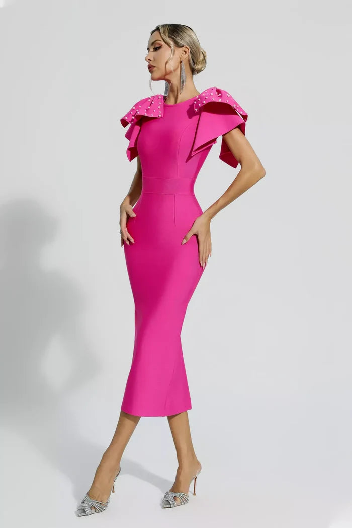 Lavinia Fuchsia Pearl Cape Sleeve Midi Dress