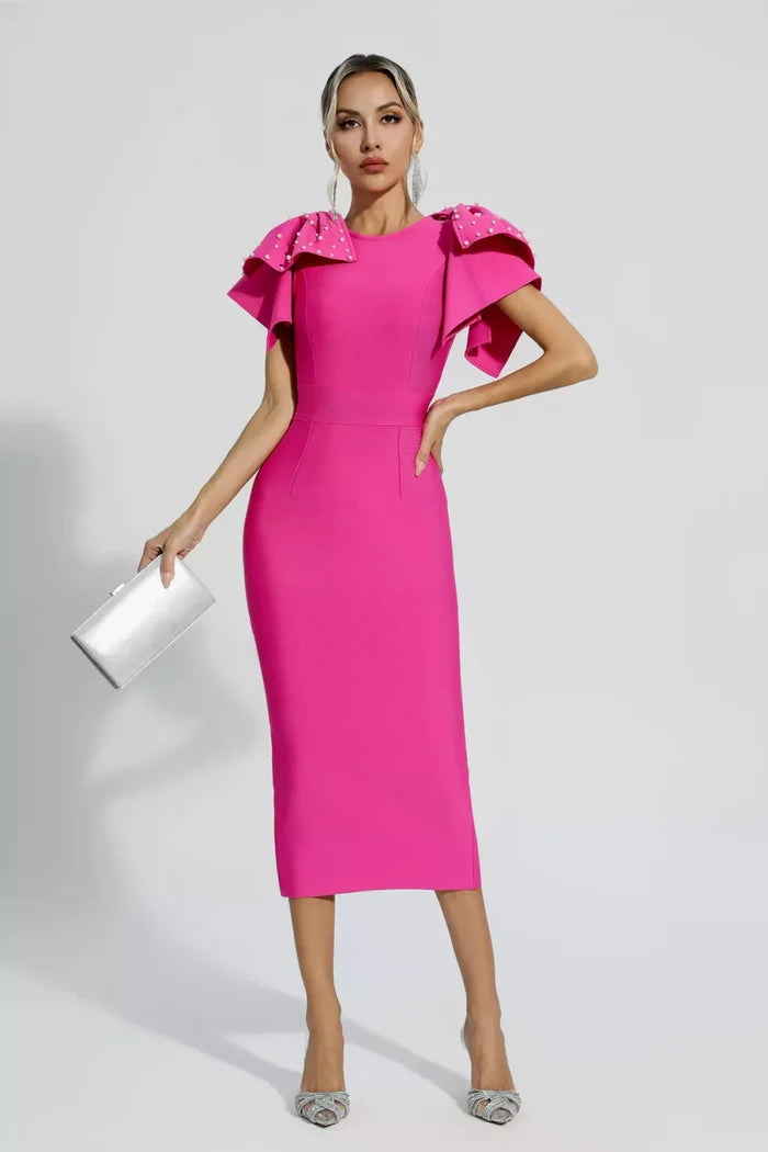 Lavinia Fuchsia Pearl Cape Sleeve Midi Dress
