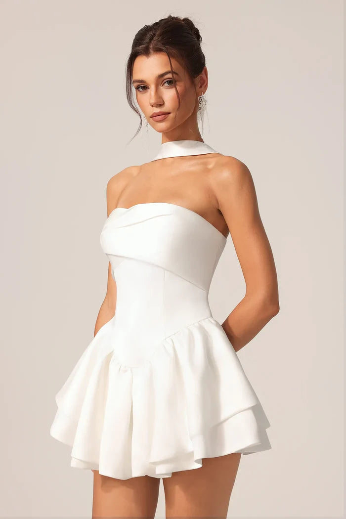 Lennox  White Strapless Ruffle Mini Dress