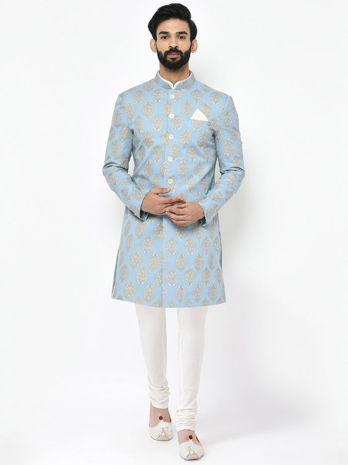 Light Blue Jacquard Sherwani with Cream Churidar
