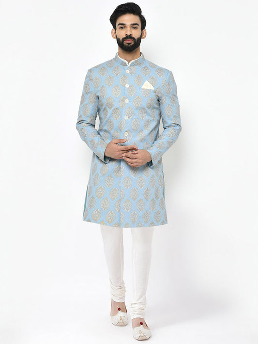 Light Blue Jacquard Sherwani with Cream Churidar