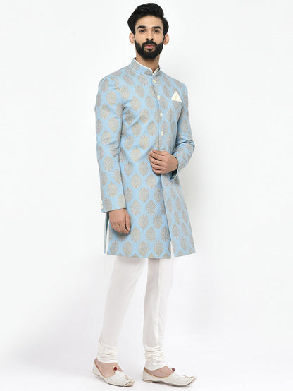 Light Blue Jacquard Sherwani with Cream Churidar