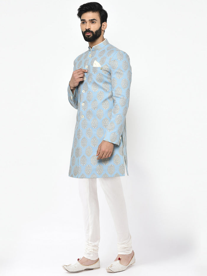 Light Blue Jacquard Sherwani with Cream Churidar