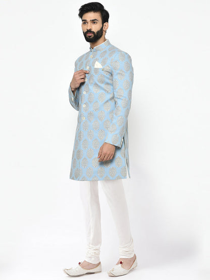 Light Blue Jacquard Sherwani with Cream Churidar