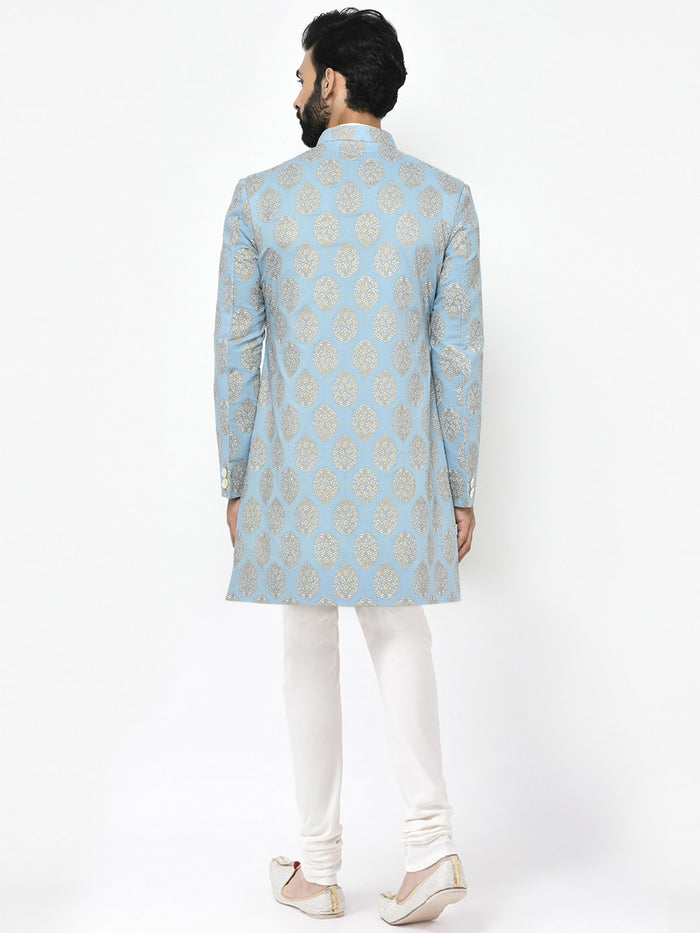 Light Blue Jacquard Sherwani with Cream Churidar