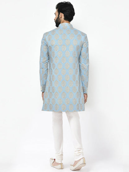 Light Blue Jacquard Sherwani with Cream Churidar