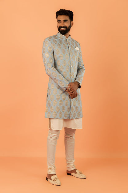 Light Blue Silk Blend Jacquard Sherwani Set
