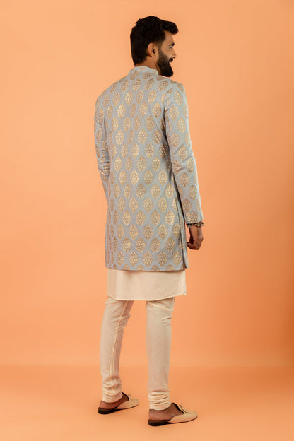 Light Blue Silk Blend Jacquard Sherwani Set