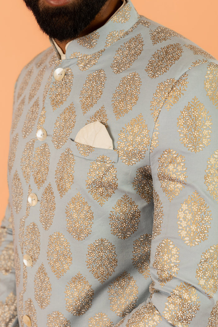 Light Blue Silk Blend Jacquard Sherwani Set