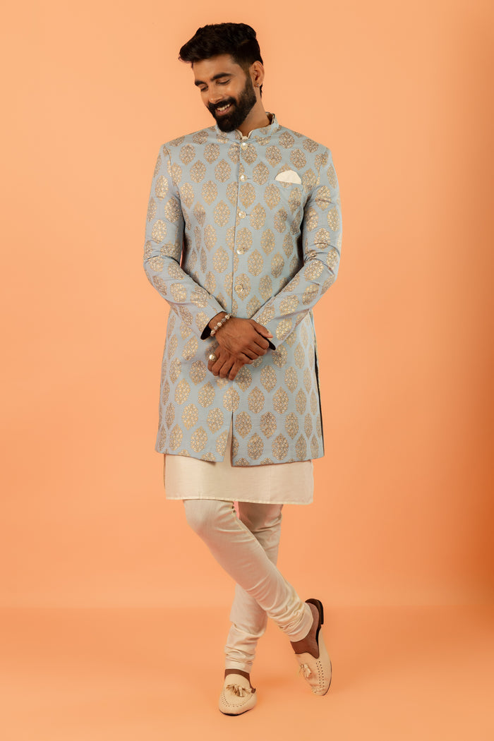 Light Blue Silk Blend Jacquard Sherwani Set