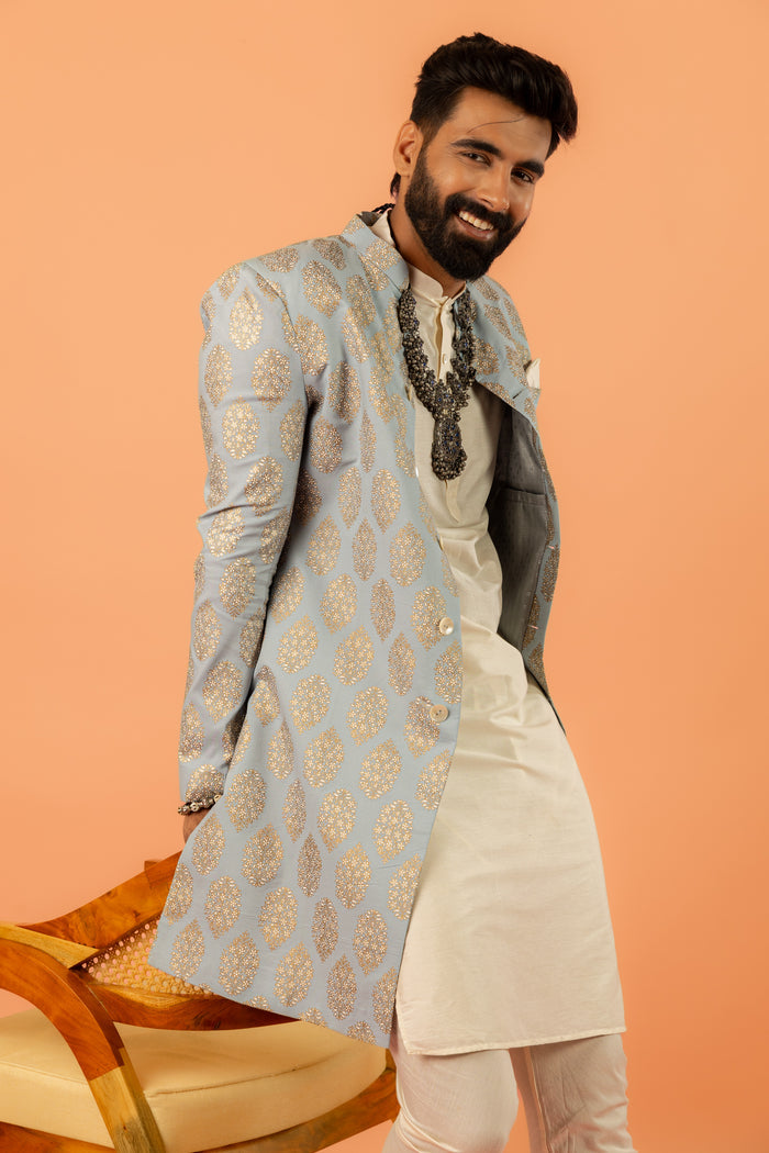 Light Blue Silk Blend Jacquard Sherwani Set