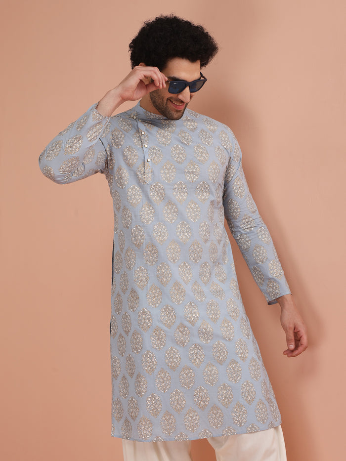 Light Blue Silk Blend Printed Kurta