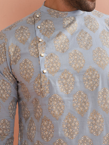 Light Blue Silk Blend Printed Kurta