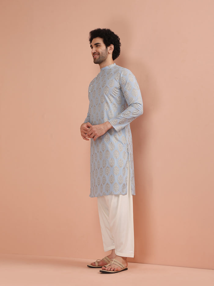 Light Blue Silk Blend Printed Kurta