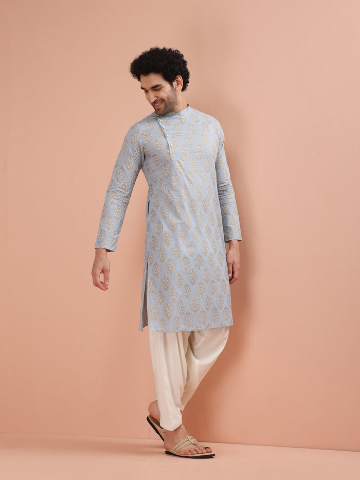 Light Blue Silk Blend Printed Kurta