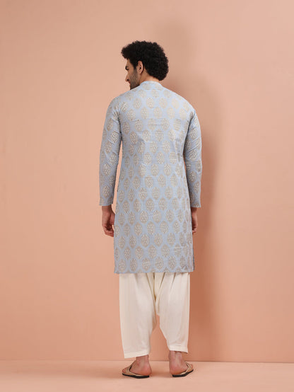 Light Blue Silk Blend Printed Kurta