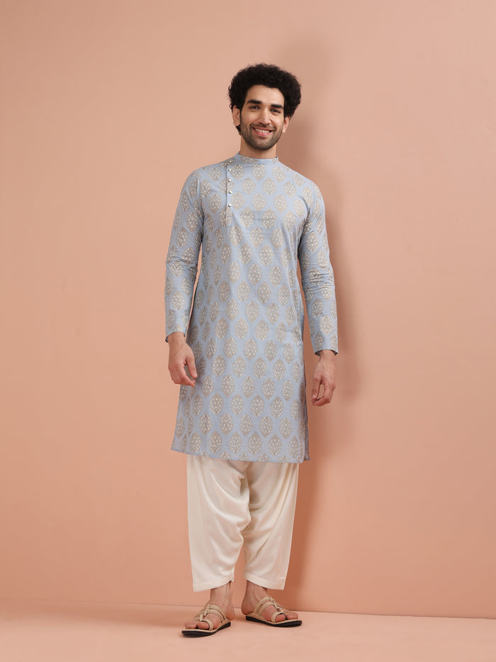 Light Blue Silk Blend Printed Kurta