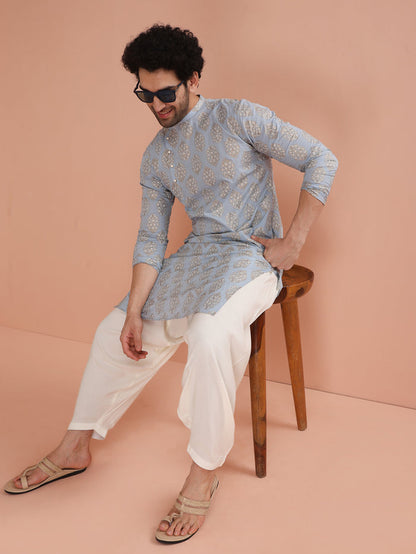 Light Blue Silk Blend Printed Kurta