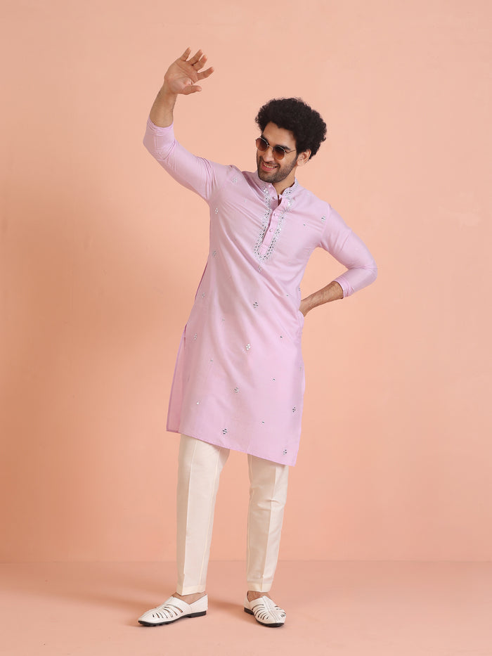 Light Cotton Blend Kurta with Embroidered Neckline and Cream Trousers