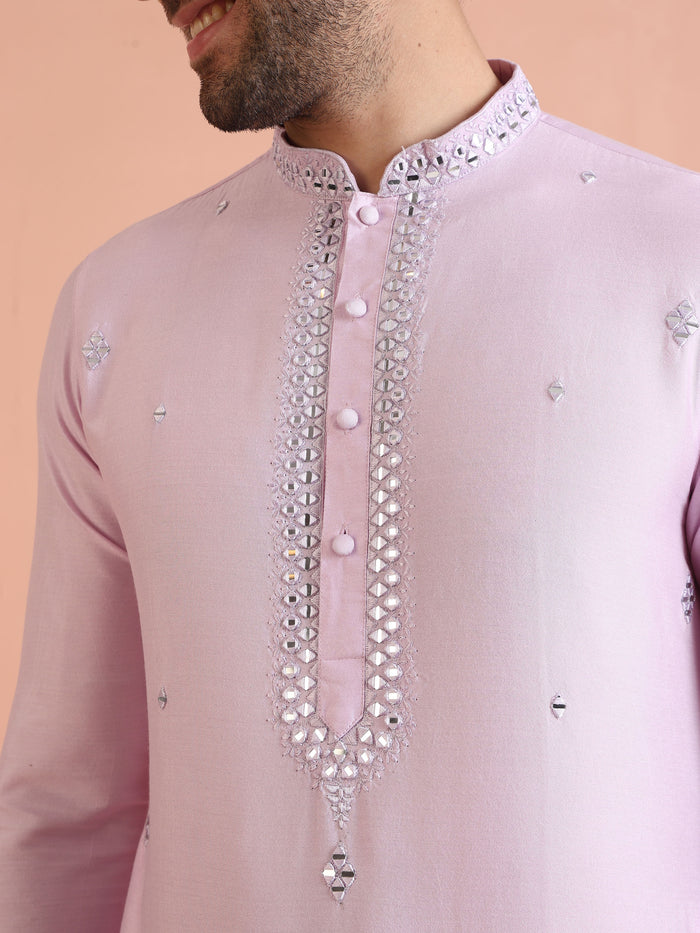 Light Cotton Blend Kurta with Embroidered Neckline and Cream Trousers