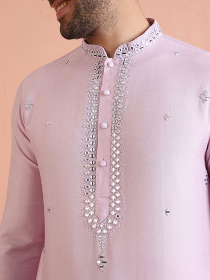 Light Cotton Blend Kurta with Embroidered Neckline and Cream Trousers