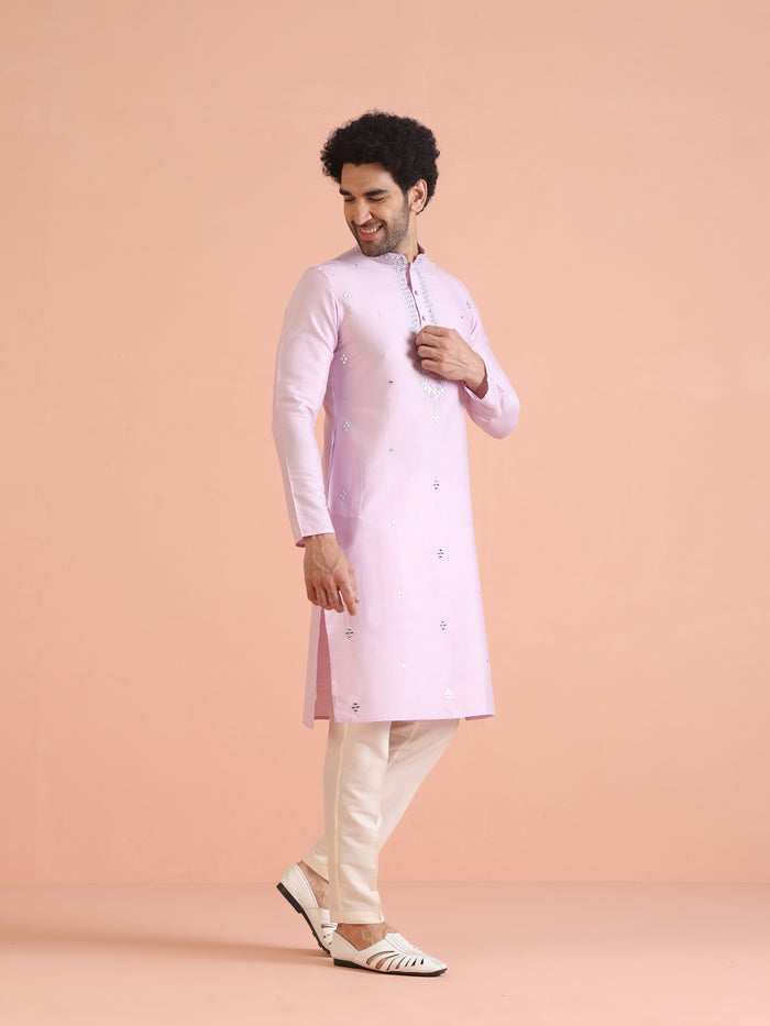Light Cotton Blend Kurta with Embroidered Neckline and Cream Trousers