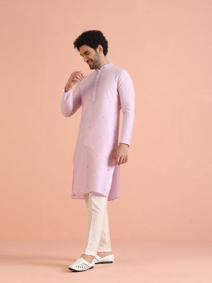 Light Cotton Blend Kurta with Embroidered Neckline and Cream Trousers
