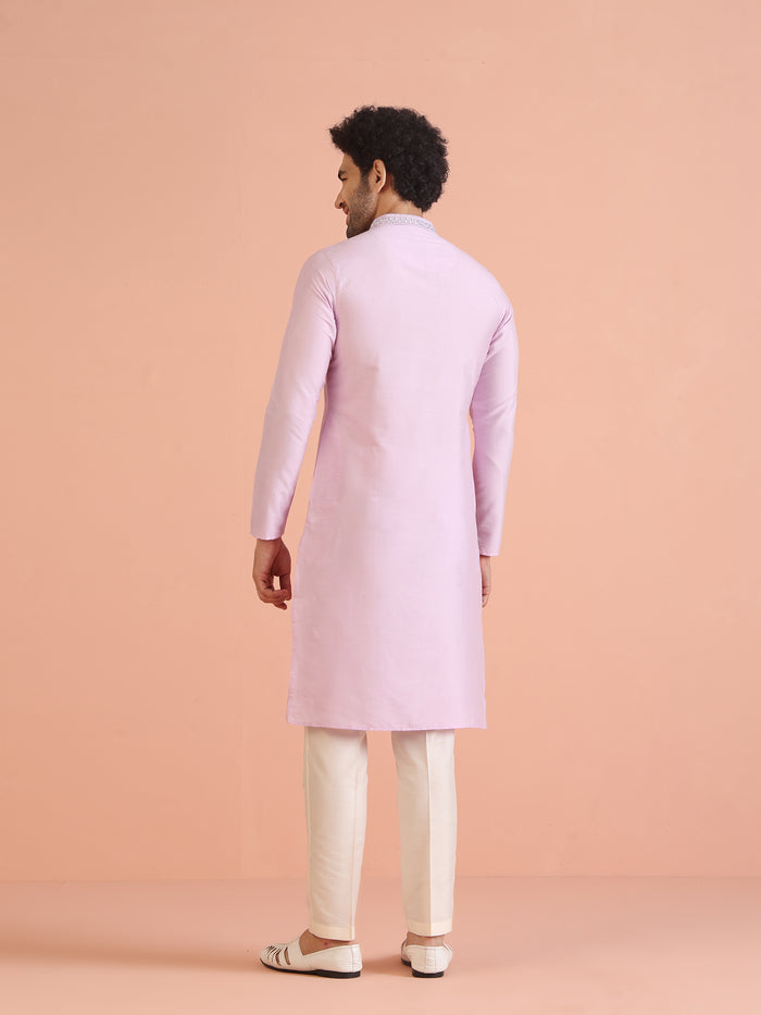 Light Cotton Blend Kurta with Embroidered Neckline and Cream Trousers