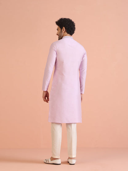 Light Cotton Blend Kurta with Embroidered Neckline and Cream Trousers